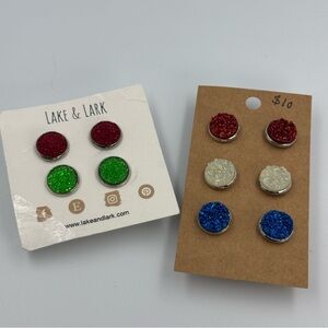 Faux Drusy Round Stud Earrings 5 Pairs Red Blue Green White Pierced New